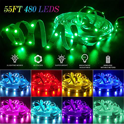 LED Light Strip 55ft AveyLum Flexible RGB Rope Lights 5050 SMD 480 LEDs Non Waterproof IP20 16M Tape Light with 44 Keys Wireless Controller and 24V Power Adapter for Home Kitchen Party TV Deco