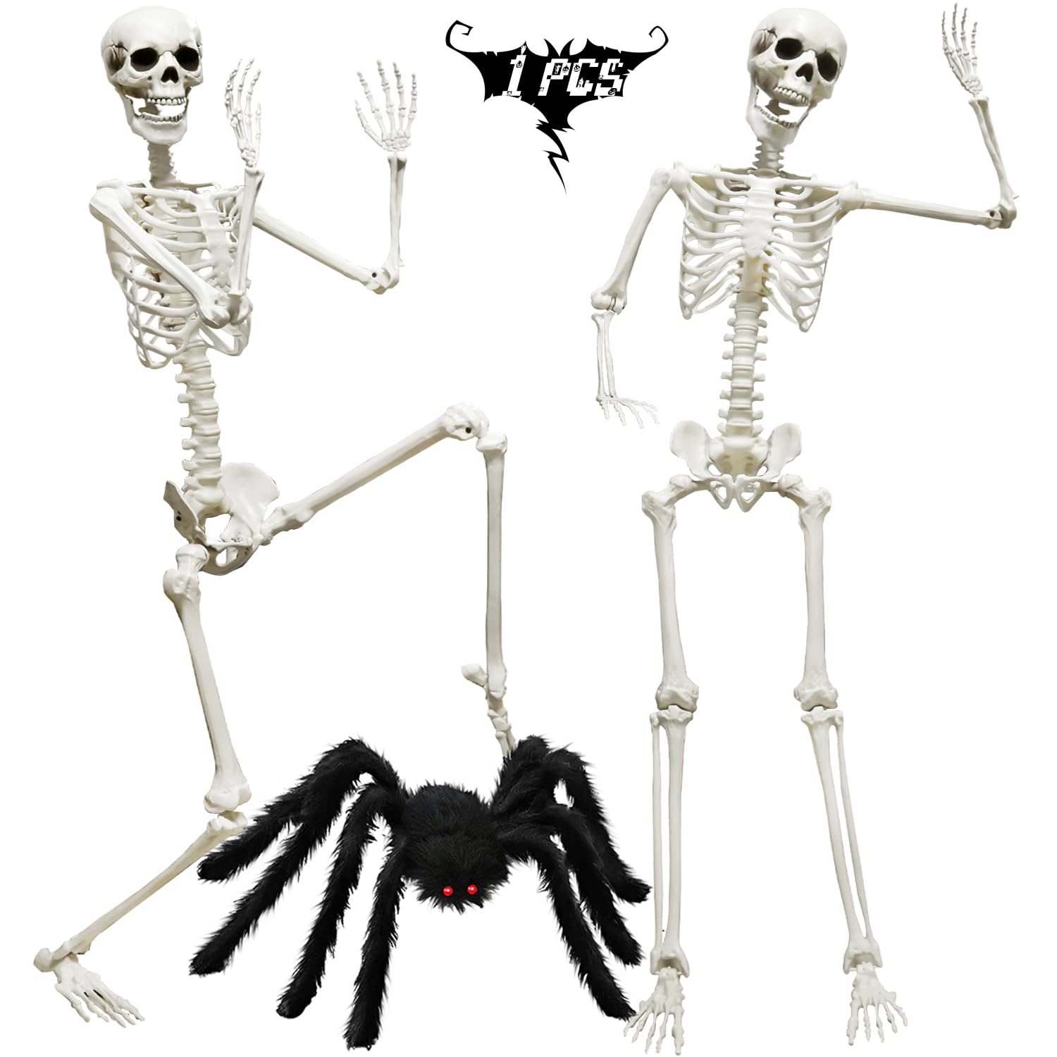 Photo 1 of ***PARTIAL SET/ ONLY 1*** CAMIRUS 5.4ft/165cm Halloween Skeleton, Life Size Skeleton with Hairy Spider Pumpkin Bag, Full Body Human Bones with Movable Joints for Halloween Indoor Outdoor Haunted House Decorations