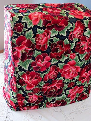 Kitchen Mixer Cover - 4/5 Qt - Red Gold-Edged Roses Design with Cream Vines Reverse Side - Reversible Quilted Kitchen Appliance Dust Cover