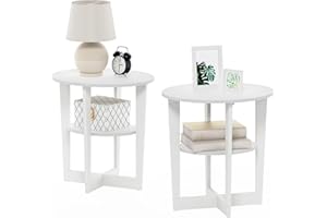 Furinno Jaya Side Table Set of 2, 2-Tier Round End Table with Oval Tabletop, Night Stand, Bedside Table with Open Shelf, for 