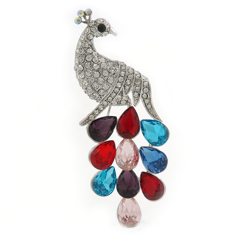 Silver Tone Austrian Crystal, CZ Peacock Brooch (Multicoloured) - 70mm Across