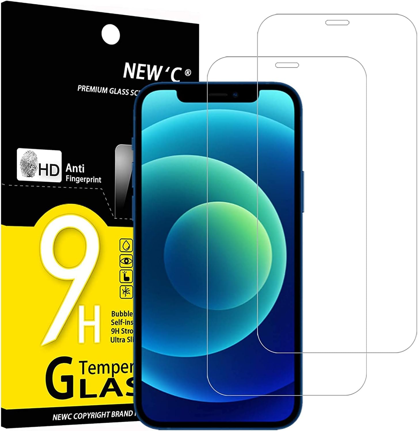 NEW'C 2 Pack Designed for iPhone 12, iPhone 12 Pro Screen Protector (6.1"), Tempered Glass, Case Friendly Bubble Free Ultra Resistant