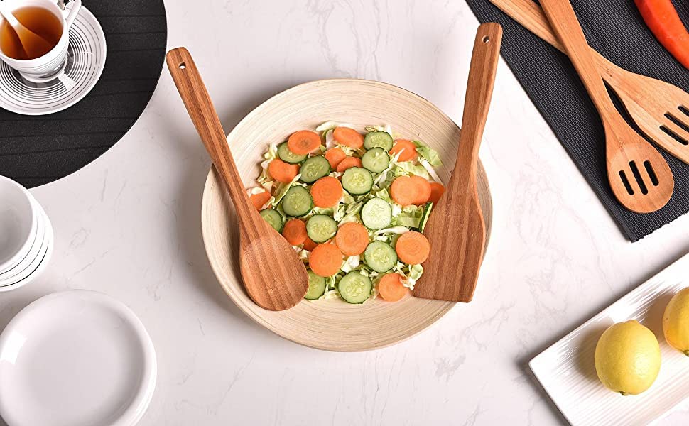 Kitchen 6pieces Long Handle Wooden Cooking Spoons and Spatulas Utensil