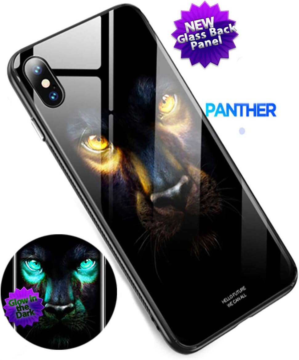 MTW iPhone X case Glow in the Dark, Slim Anti Scratch Glass panel with shockproof TPU Rims (iPhone X, Panther)