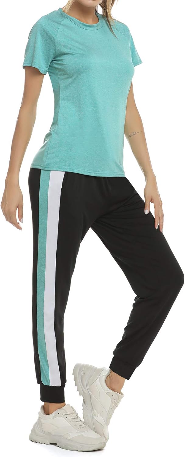 Aibrou Women's Casual 2 Piece Outfit Tracksuits Short Sleeve Shirts Striped Joggers Pants Set Sweatsuits: Clothing