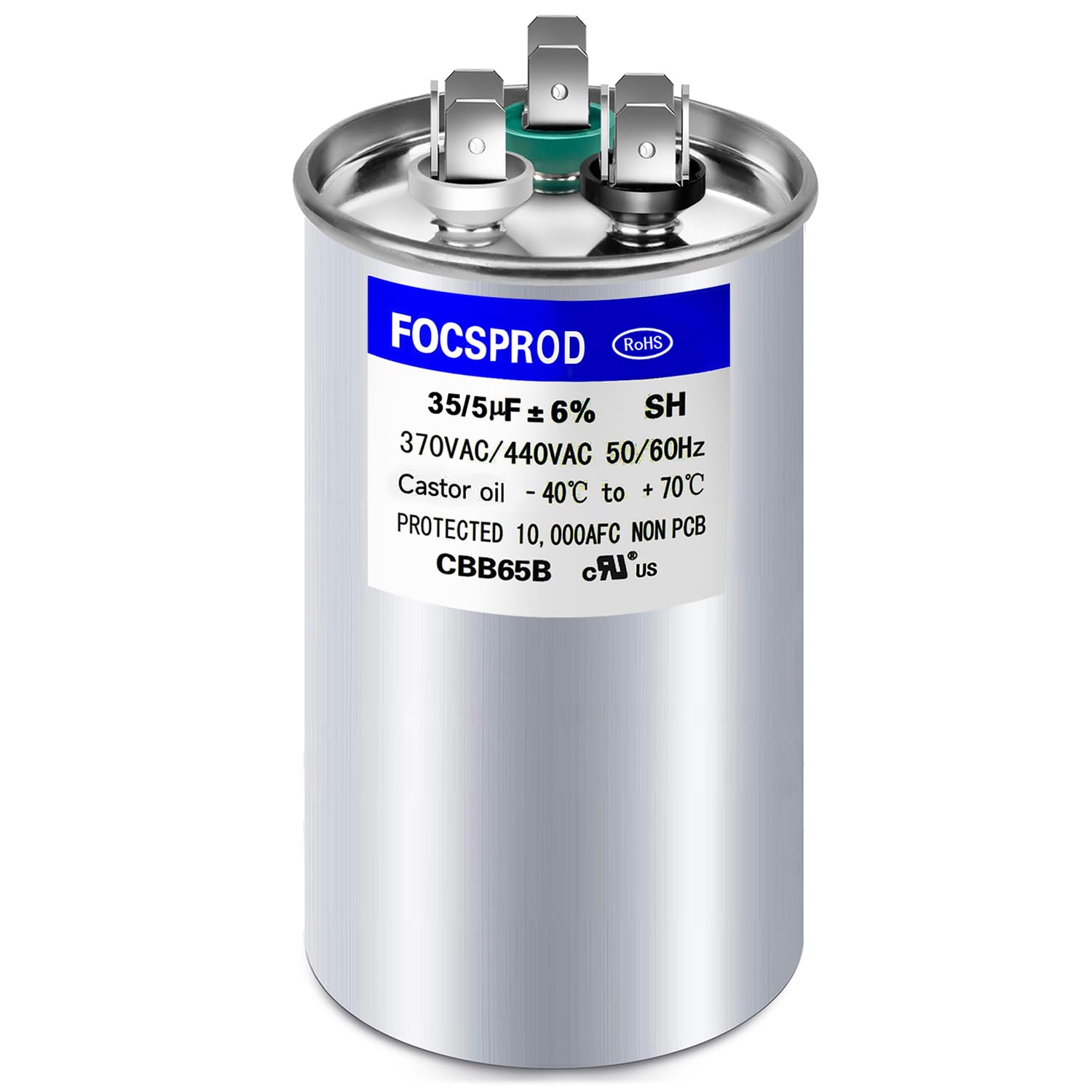 Photo 1 of [UL Recognized] FOCSPROD 35+5 uF 35/5 MFD ±6% 370V/440V CBB65 AC Capacitor, Dual Run Round Capacitor Replacement, 35 5 uF 440 Volt HVAC for AC Unit Fan Motor Start or Heat Pump or Condenser Straight