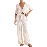 Imily Bela Women's Summer 2 Piece Swimsuit Cover up Crochet Knit Cardigan Tops Long Pants Set Bathing Suit Beach Outfit
