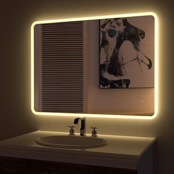 HAUSCHEN 24 x 36 inch LED Lighted Bathroom Wall Mounted Mirror with