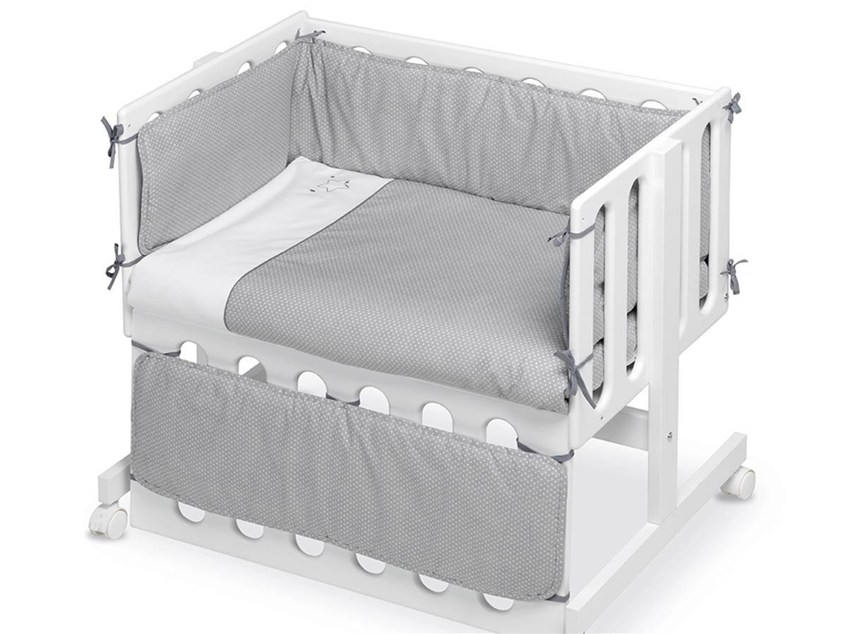 Pirulos Vestidura Minicuna diseño luna algodón color blanco y gris