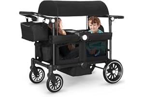 Kinder King Folding Wagon Stroller for 2 Kids, All-Terrain Baby Stroller Wagon Outdoor, Removable Canopy 2 Seater, Adjustable Handle, Shock-Absorbing Wheel, Detachable Tray, Parent Organizer, Black