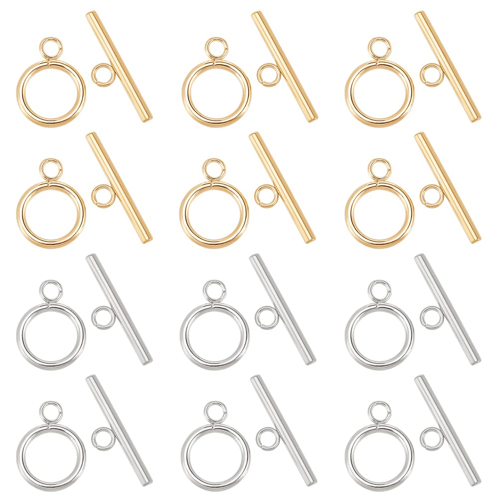 PH PandaHall 12 Sets Round Toggle Clasps 304 Stainless Steel Necklace Clasps Bracelet Fasteners Jewellery Connectors for Bracelet Necklace Jewelry DIY Craft Making 0.5 Inch, Silver/Golden