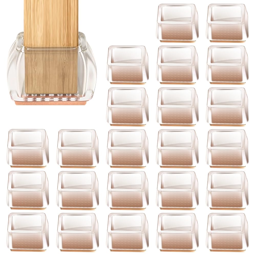 24 Pcs Silicone Chair Leg Floor Protectors,Rectangle Chair Feet Protector Clear Chair Leg Protector for Hardwood Floors, Chair Leg Cover Caps with Anti-slip Bottom to Reduce Noise Prevent Scratch
