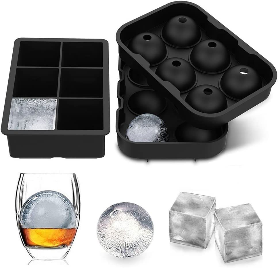 Stark Home Pack of 2 Black Square & Round Silicone Ice Cube Trays, Reusable Ice Trays, BPA Safe Large Ice Cube Moulds for Whiskey, Cocktails, and Party Drinks
