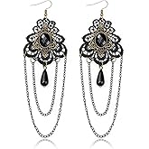 Gothic Lace Earring for Women,Vintage Crystal Gems Tassel Earrings Punk Style Black Red Rhinestone Earring Goth Vampire Skeleton Earrings Halloween Witch Costume Accessories