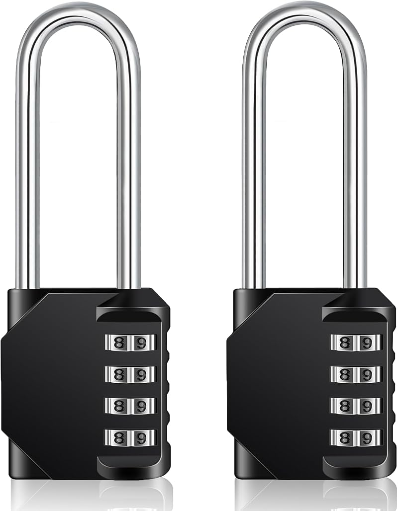 ZHEGE Long Shackle Padlock 4-Digit Combination 2 Pack Black Outdoor