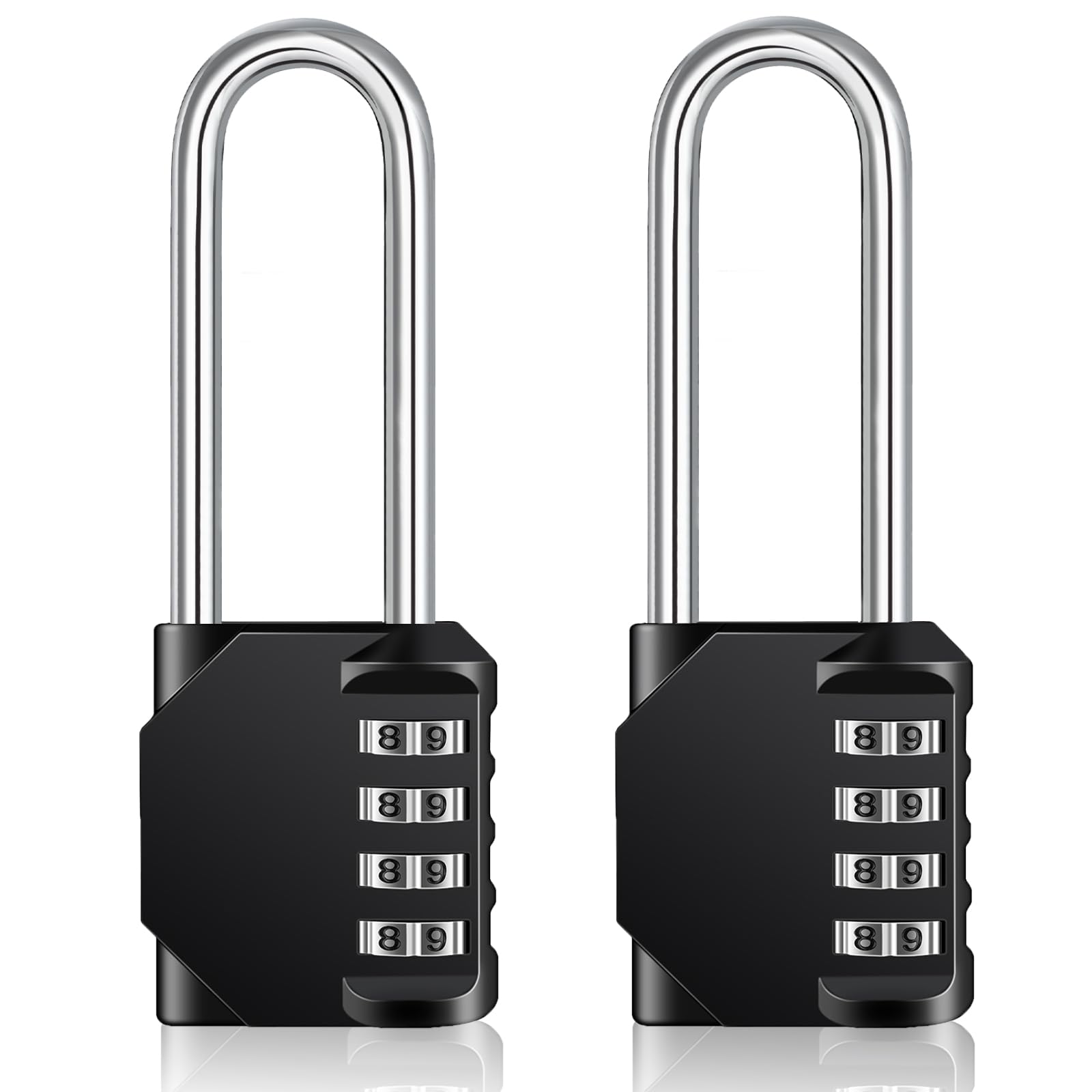 ZHEGE Combination Padlocks Long Shackle, 4.53" Overall Height, 2.62" Shackle Height, Outdoor Padlocks Heavy Duty Weatherproof for Fence Gate, Shed, Hasp, 4 Digit Code for School Lockers(2 Pack, Black)