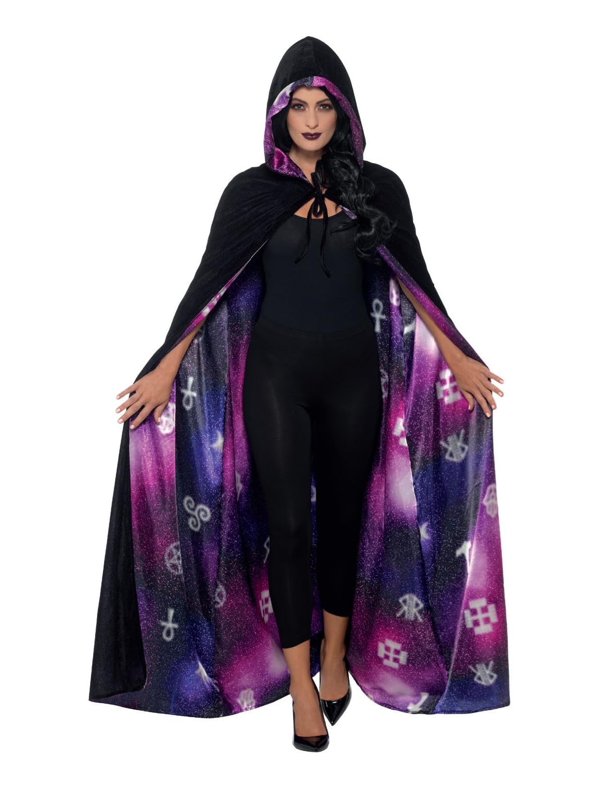 Smiffys Deluxe Reversible Galaxy Ouija Cape, Black & Purpl Unisex, Halloween Fancy Dress Accessory, Halloween Dress Up Accessories