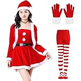 COJOUCCI Womens Santa Costume, Velvet Long Sleeve Santa Dress with Belt Striped Tights Hat Gloves, Christmas Dress Costume