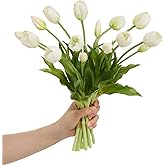 Amore Florals 15 Pcs White Tulips Artificial Flowers Faux Tulips Real Touch Latex Fake Flower Bouquet for Spring Wedding Home Décor Centerpiece Arrangements