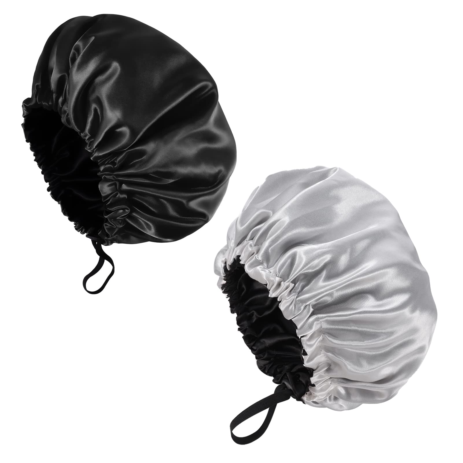 Fuyamp 2 Packs Satin Sleep Cap Shower Cap,Adjustable Silky Sleep Bonnet for Women Long Curly Hair, Double-Sided Waterproof Satin Bath Cap Hair Cap for Women Sleeping Bathing(Grey+Black)