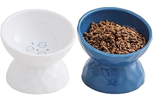 TAMAYKIM Tilted Ceramic Raised Cat Bowls, 8 OZ Food and Water Bowls Set for Kitty, 5 inch Porcelain Elevated Stress Free Feeding Pet Dish, Dishwasher and Microwave Safe, 2 Pack (White & Blue)