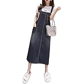 COWOKA Women's Denim Strap Dress Large Size Loose Casual Solid Color Mid-Length Skirt
