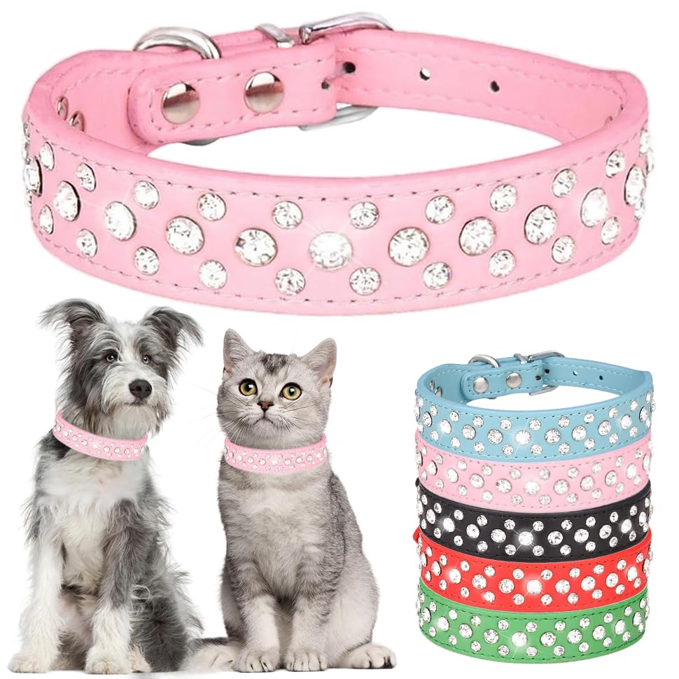 Rhinestone Dog Collar, Adjustable Durable PU Leather Crystal Pets Collar Diamond Bling Cat Collar For Small Medium Large Dogs Pink XS