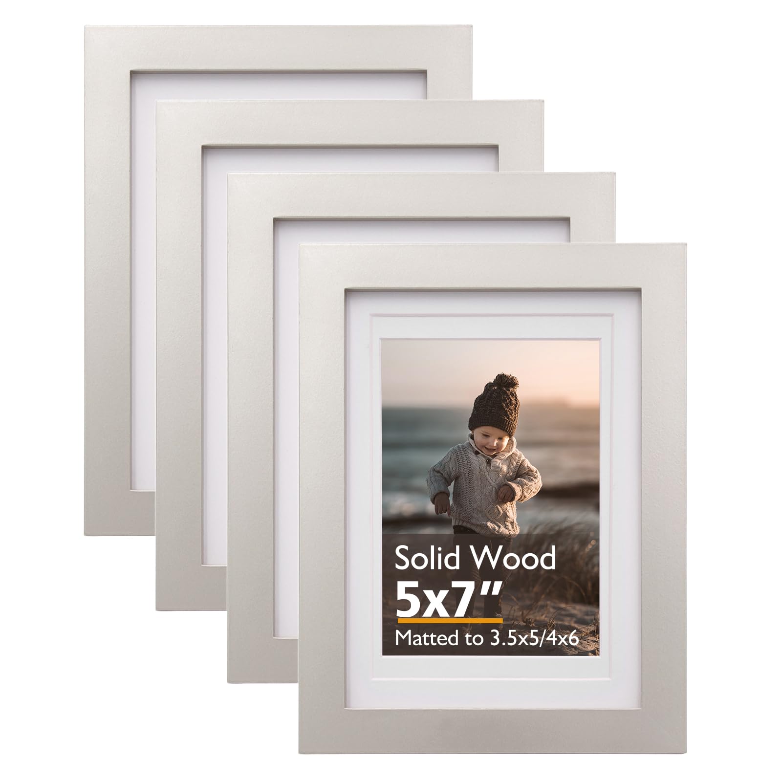 KINLINK 7x5 Picture Frames Light Grey, Wood Frames with Acrylic Plexiglass for Pictures 6x4 with Mat or 7x5 without Mat,Tabletop and Wall Mounting Display, Set of 4