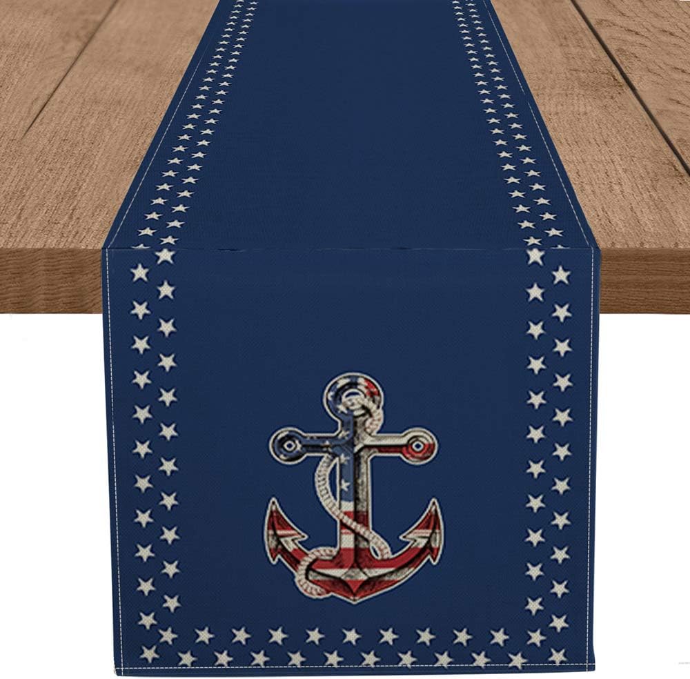 Artoid Mode American Flag Stars Anchors Table Runner Blue, 4th of July Patriotic Memorial Day Independence Day Holiday Kitchen Dining Table Runners for Home Party Decor 13 x 72 Inch