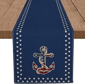 Artoid Mode American Flag Stars Anchors Table Runner Blue, 4th of July Patriotic Memorial Day Independence Day Holiday Kitchen Dining Table Runners for Home Party Decor 13 x 72 Inch