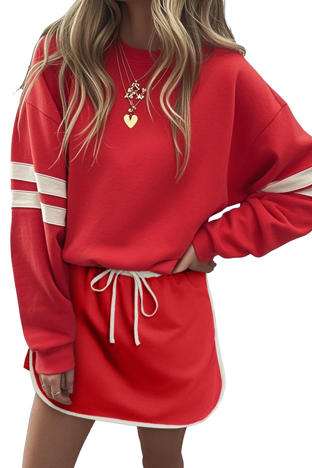 Photo 1 of ***PARTIAL SET/ MISSING TOP*** KevaMolly Womens Skirt Sets Fiery Red Varsity Stripe Detail Drop Shoulder Pullover Mini Skirt Set Casual Two Piece Sets Fiery Red M