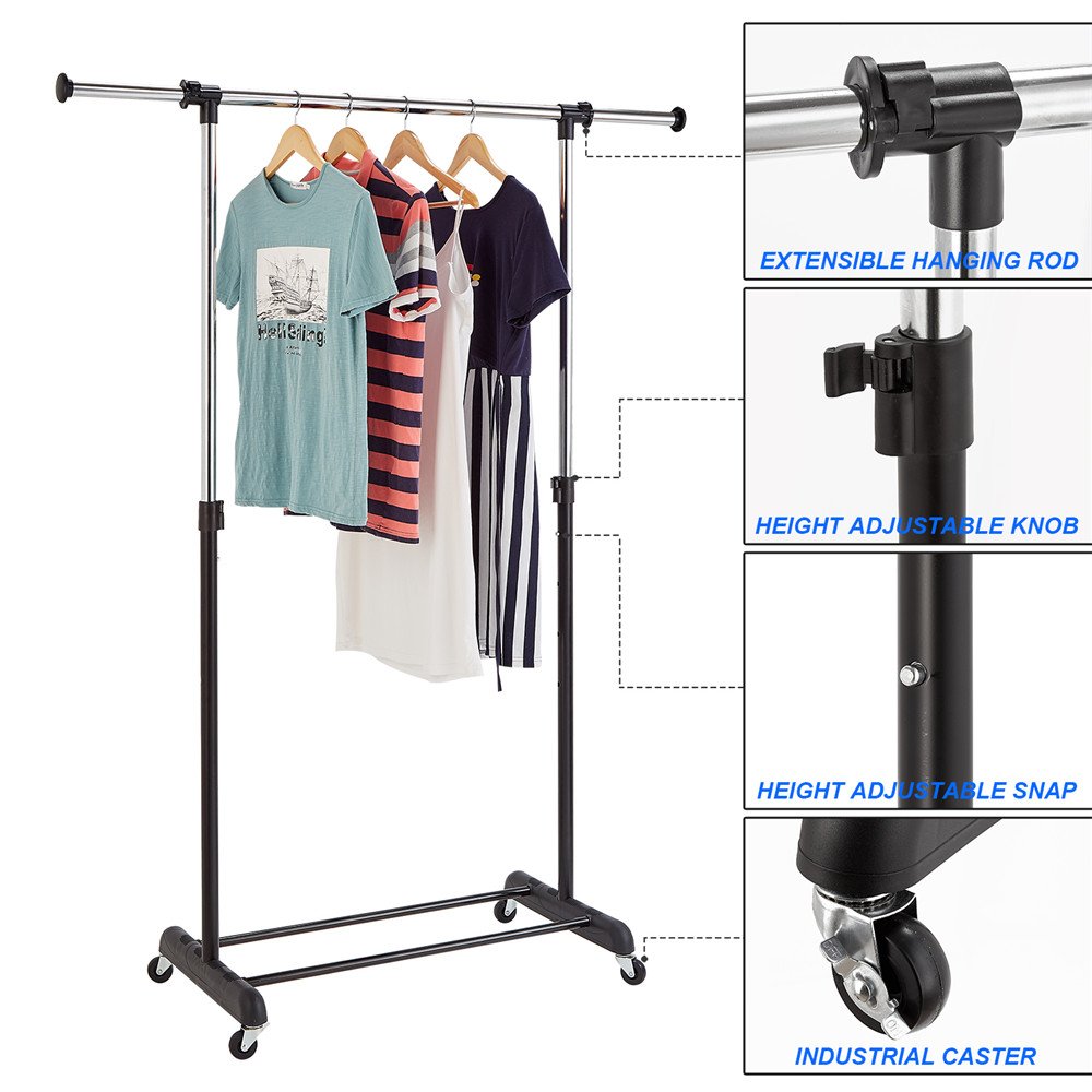 RichStar Single Rod Clothes Rack Adjustable Garment Rack-with Commercial Grade Casters,Black&Chrome