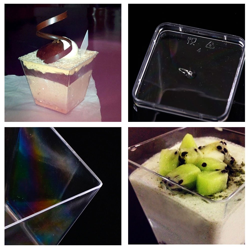 SZUAH Disposable Mini Desert Cups, Clear Plastic Appetizer Cups with Spoons, 2oz for Appetizer, Catering Supplies, Tumblers Shooters[100 Pack, Square] …