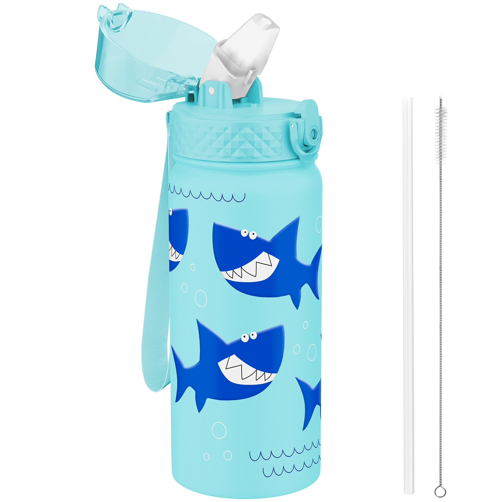 GOPPUS 550ml/18oz Kids Insulated Water Bottle with Straw Cute Double Wall Stainless Steel Child's Small Flask Vacuum Insulated Steel Metal Leak Proof Drink Flask Boys Toddler Girls Bottles BPA-Free