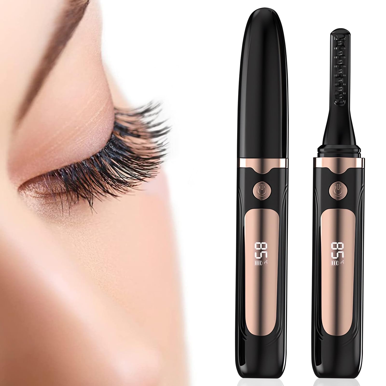 Heated Eyelash Curler, Type-C Rechargeable Portable Heated Lash Curler with LED Display, 4 Gear Temperature Control Fast Heating Electric Eyelash Curler for Natural Long Lasting Curling (Black)