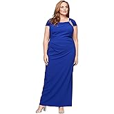 Alex Evenings Womens Long Crepe Mother of The Bride Dress with Ruched Asymmetric Neckline & Embellishment (Plus Size)