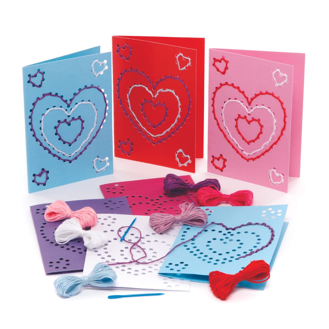 Baker Ross AX715 Heart Threading Cards - Pack of 6, Arts and Crafts for Kids to Sew, Thread and Decorate for Valentine’s Day Cards,White