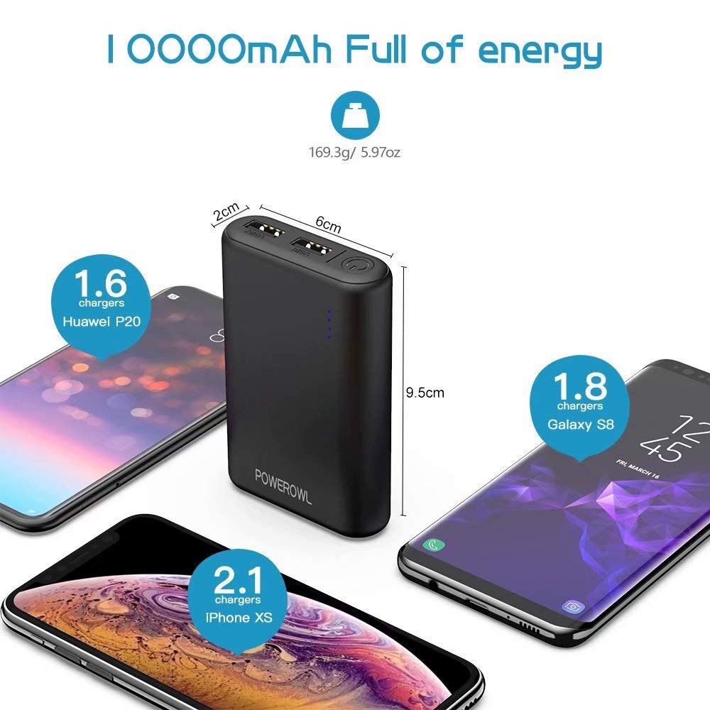 POWEROWL Power Banks 10000mAh High Capacity Portable Phone Charger External Battery Charger Compatible with iPhone iPad Huawei Samsung Xiaomi and more（Black）