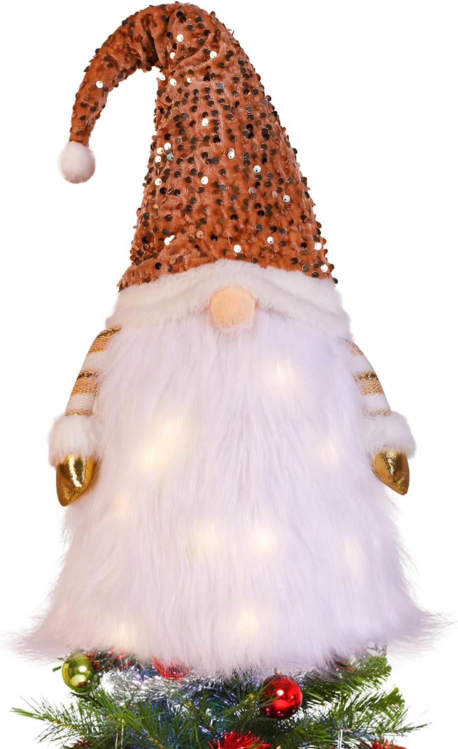 Tree Toppers - Ochine Pre-Lit Christmas Gnome Tree Topper Gnome Treetop Gnome Figurine Christmas Tree Toppers Xmas Tree Ornaments Rustic Farmhouse Xmas Treetop for Xmas New Year Holiday Tree Home Decoration