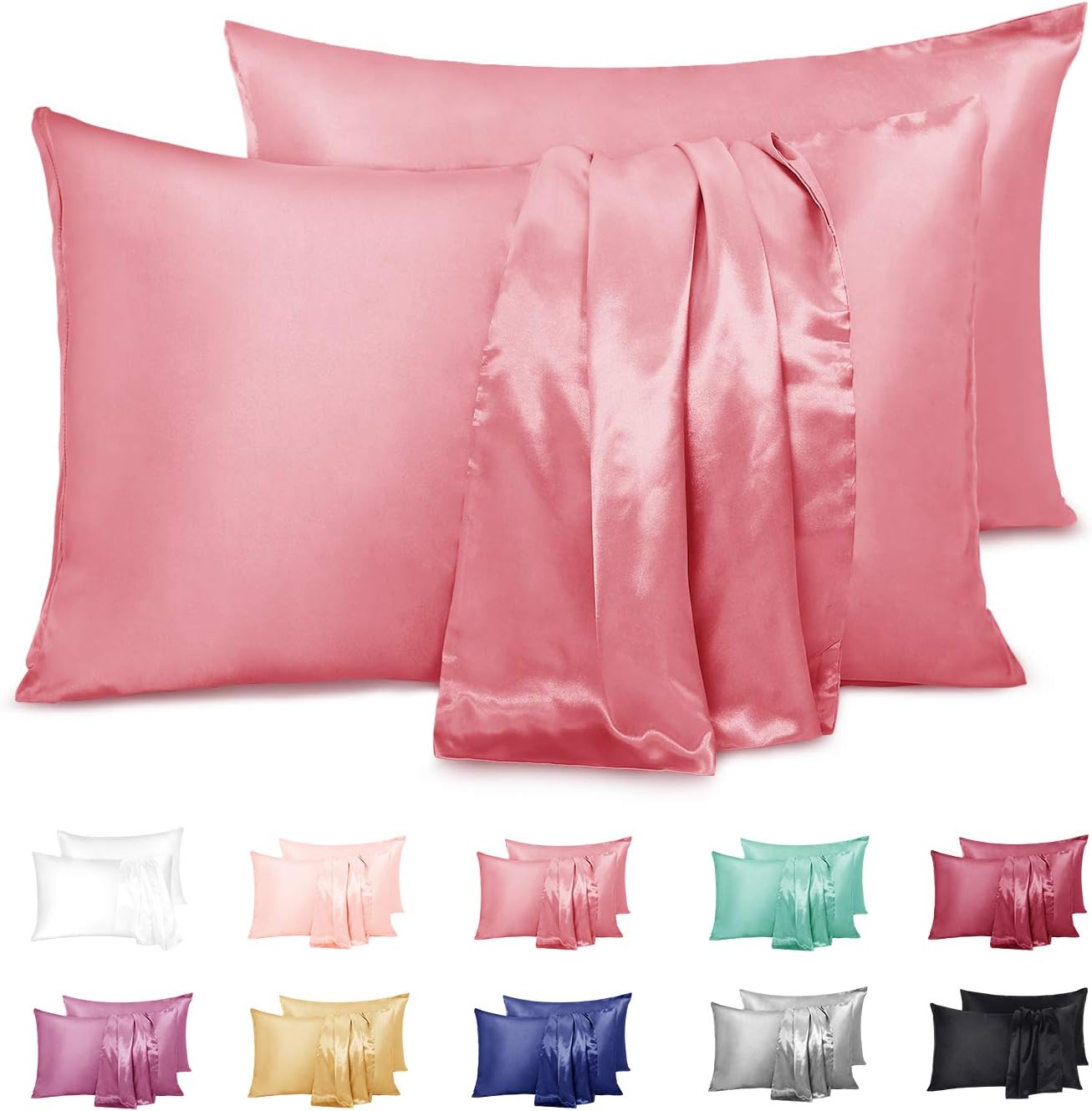 Duerer Two-Pack Satin Pillowcases for Hair and Skin Standard/Queen/King Size Pillow Case with Envelope Closure (Pink, 20"x26")
