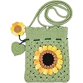 HNOMISE Handmade Crochet Sunflower Blossom Phone Bag Knitted Bag for Women, A-mint green