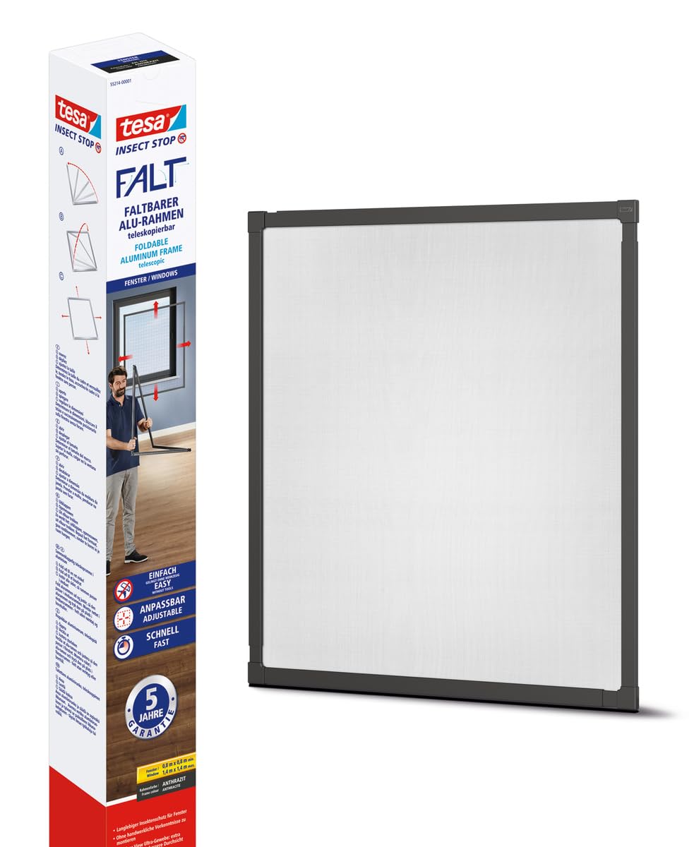 tesa Insect Stop FALT Alu Rahmen teleskopierbar Premium für Fenster –vormontierter Alu-Rahmen - Fliegengitter - mit verstellbarem Teleskoprahmen - 80 cm x 80 cm bis 140 cm x 140 cm - Anthrazit