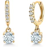 Gem Stone King 10K Yellow Gold Gemstone Birthstone and White Lab Grown Diamond Dangle Drop Huggie Hoop Earrings | Round 4MM | Gold Earrings For Women