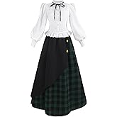 CR ROLECOS Plaid Victorian Dress for Women 2-Piece 1800s Edwardian Renaissance Costume with Pockets