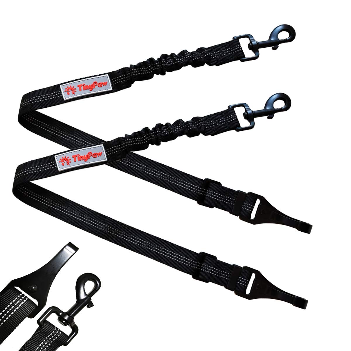 TinyPaw 2 Pack Heavy Duty Dog Seat Belt for Car, Great Dog Seat Belt with Bungee & Latch for Safety while sudden brake, All Metal Heavy Duty & Tangle-Free Attachment, Adjustable Length. (Black)