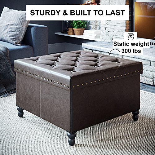 Nathan James 73303 Fodable Storage Ottoman Leather Square Seat, Brown