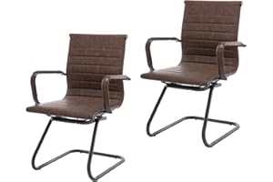 CIMOTA Waiting Room Chairs Leather Office Guest Chair Mid Back Reception Chairs with Sled Base for Meeting/Patient/Conference Room, Retro Brown Set of 2
