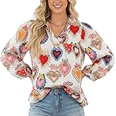 CHERRYBETTY Women Valentine's Heart Print Blouses Multiple Styles Long Sleeve Button-Down Shirts Tops