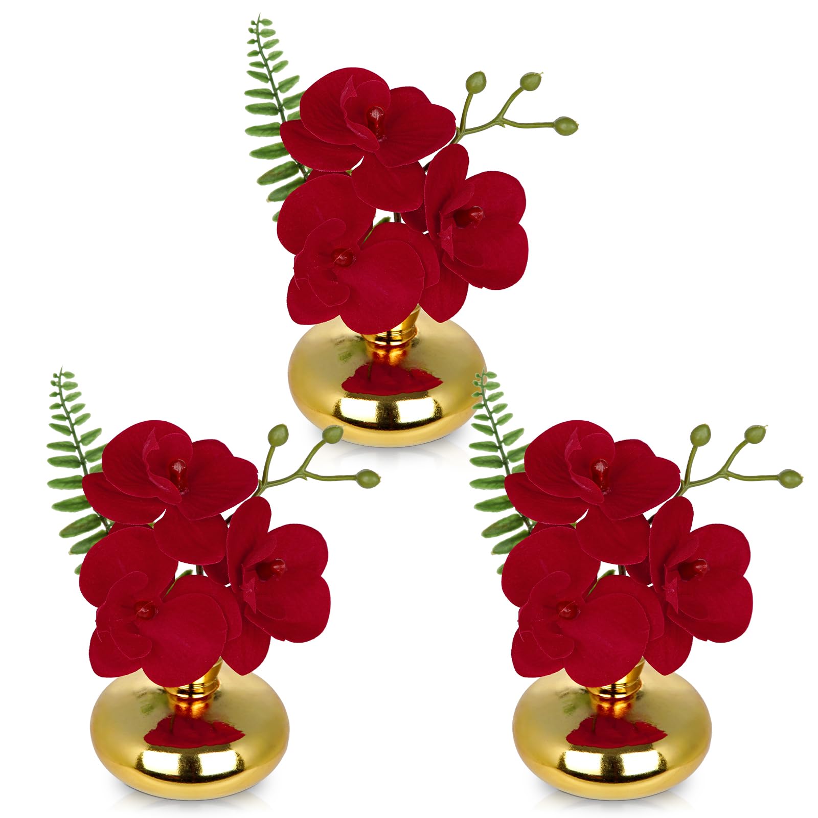 Photo 1 of Oairse Red Orchids Artificial Flowers Faux Orchids Arrangement in Gold Glass Vases Set of 3 Real Touch Phalaenopsis Orchid Flowers Small Fake Orchid Centerpiece for Dining Room Table