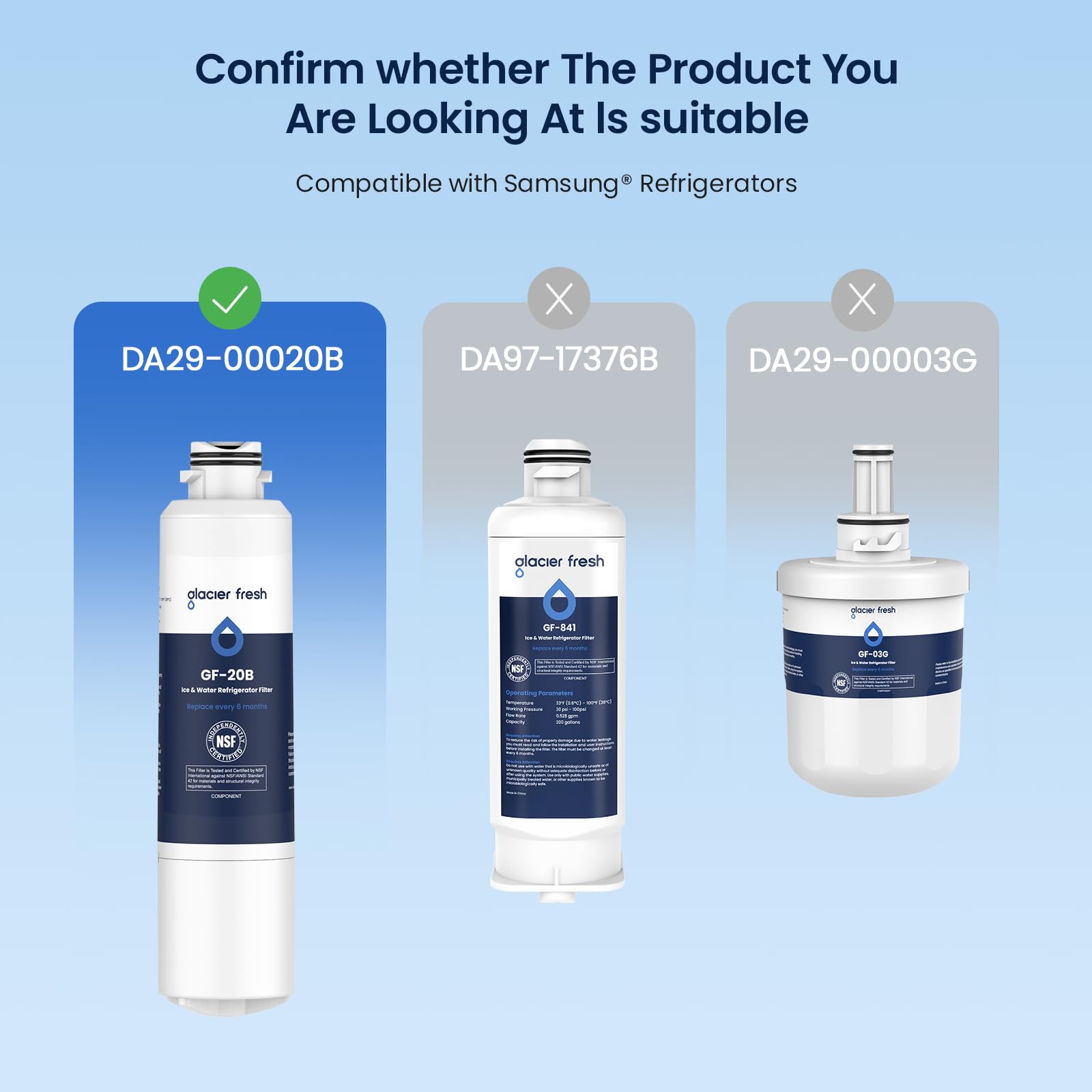 GLACIER FRESH Compatible with Samsung DA29-00020B Refrigerator Water Filter, DA29-00020A/B, DA29-00020B-1, HAF-CIN/EXP, 46-9101, RF4267HARS For French Door Fridge Kitchen (3 PACK)